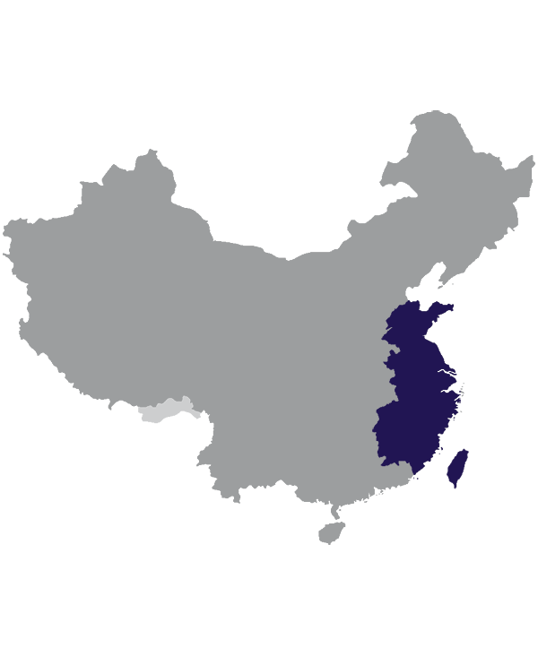 Landkaart China grijs met regio Oost-China donkerblauw op transparante achtergrond - 600 * 733 pixels